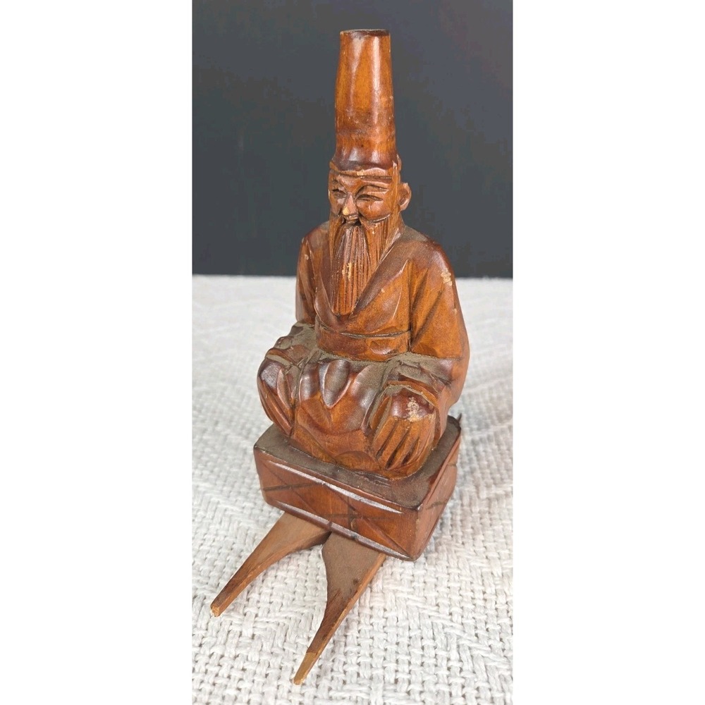 Vintage Hand Carved Wood Fukurokuju Japanese Deity on Sled Figurine Folk Art